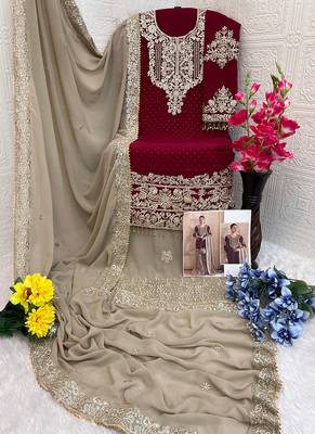 Maroon embroidery codding with sequence & stone work with fancy lace fox georgette palazzo semi stitched 3