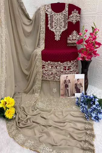 Maroon embroidery codding with sequence & stone work with fancy lace fox georgette palazzo semi stitched