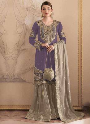 Purple embroidery codding with sequence & stone work with fancy lace fox georgette palazzo semi stitched 1