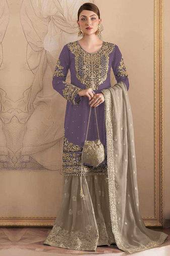 Purple embroidery codding with sequence & stone work with fancy lace fox georgette palazzo semi stitched