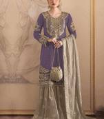 Purple embroidery codding with sequence & stone work with fancy lace fox georgette palazzo semi stitched