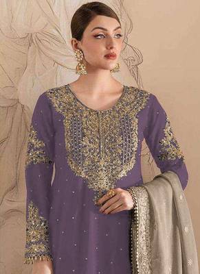 Purple embroidery codding with sequence & stone work with fancy lace fox georgette palazzo semi stitched 2