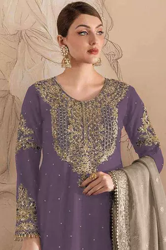 Purple embroidery codding with sequence & stone work with fancy lace fox georgette palazzo semi stitched