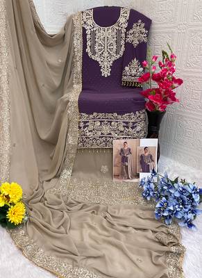 Purple embroidery codding with sequence & stone work with fancy lace fox georgette palazzo semi stitched 3