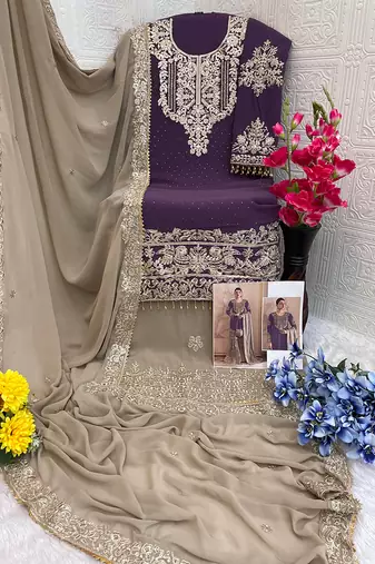 Purple embroidery codding with sequence & stone work with fancy lace fox georgette palazzo semi stitched