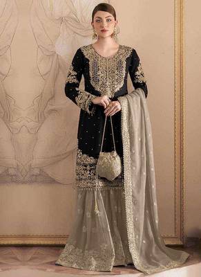 Black embroidery codding with sequence & stone work with fancy lace fox georgette palazzo semi stitched 1