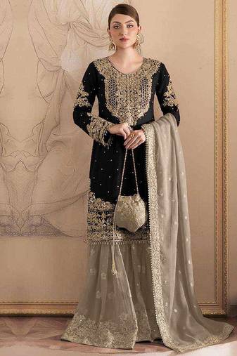 Black embroidery codding with sequence & stone work with fancy lace fox georgette palazzo semi stitched