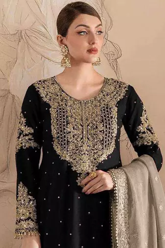 Black embroidery codding with sequence & stone work with fancy lace fox georgette palazzo semi stitched