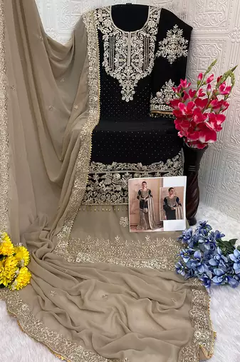 Black embroidery codding with sequence & stone work with fancy lace fox georgette palazzo semi stitched