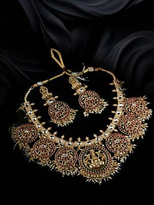 Traditional ruby green kemp pushp chakra necklace set 1