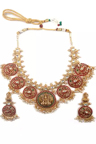 Traditional ruby green kemp pushp chakra necklace set