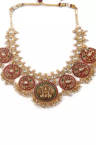 Traditional ruby green kemp pushp chakra necklace set