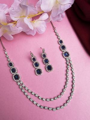 Silver plated ad blue double line long necklace set 1