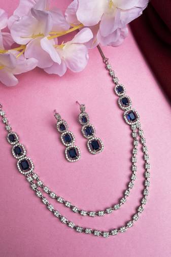Silver plated ad blue double line long necklace set