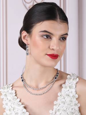 Silver plated ad blue double line long necklace set 2