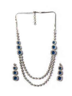 Silver plated ad blue double line long necklace set 3