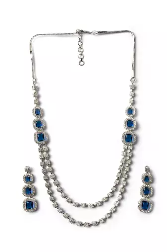 Silver plated ad blue double line long necklace set