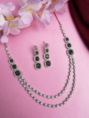 Silver plated ad green double line long necklace set 1