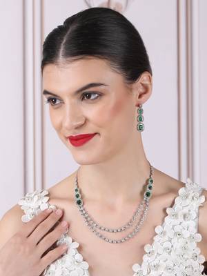 Silver plated ad green double line long necklace set 2