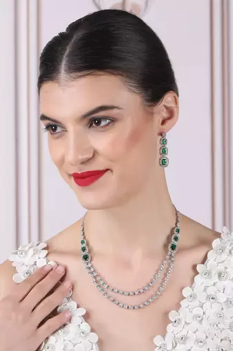 Silver plated ad green double line long necklace set