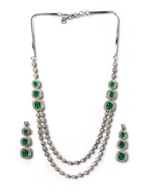 Silver plated ad green double line long necklace set 3