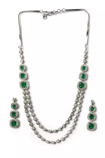 Silver plated ad green double line long necklace set