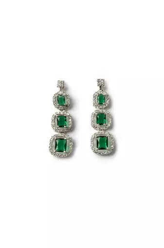 Silver plated ad green double line long necklace set