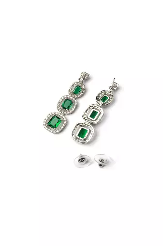 Silver plated ad green double line long necklace set