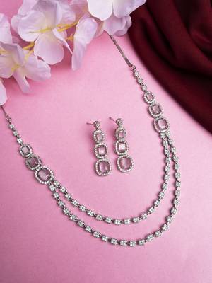 Silver plated ad pink double line long necklace set 1