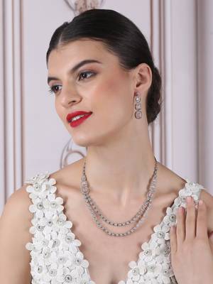 Silver plated ad pink double line long necklace set 2