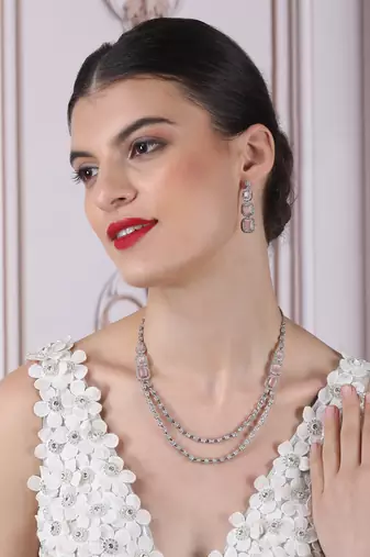 Silver plated ad pink double line long necklace set