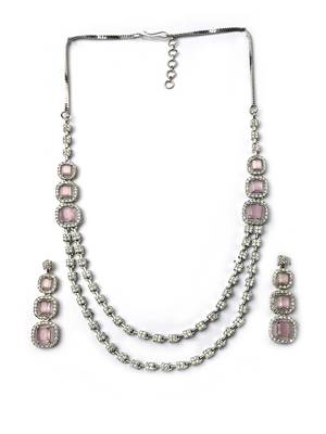 Silver plated ad pink double line long necklace set 3