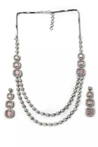 Silver plated ad pink double line long necklace set