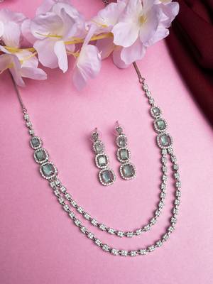 Silver plated ad turquoise double line long necklace set 1