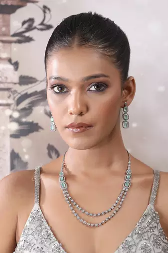 Silver plated ad turquoise double line long necklace set