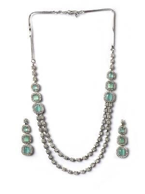Silver plated ad turquoise double line long necklace set 3