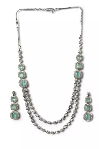 Silver plated ad turquoise double line long necklace set