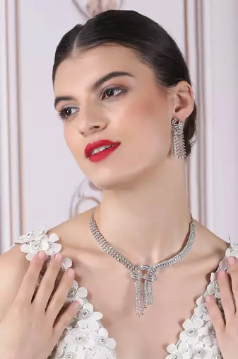 Handcrafted silver plated cz hook style necklace set