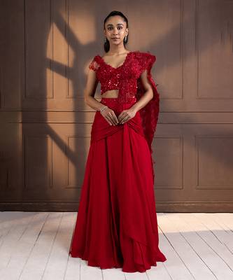 Romantic red embellished drape saree 1