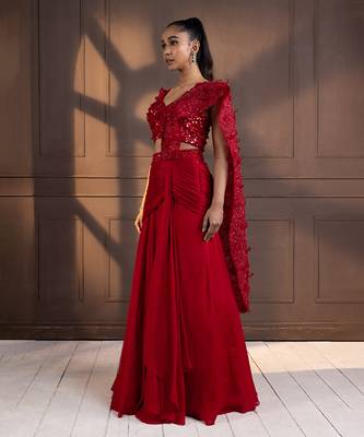 Romantic red embellished drape saree 3