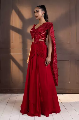 Romantic red embellished drape saree