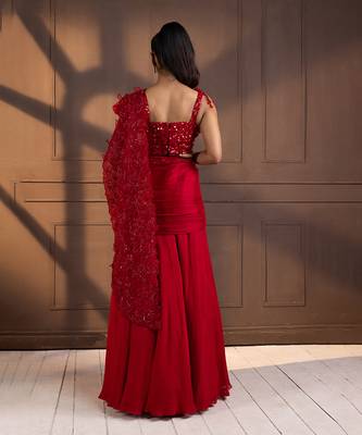 Romantic red embellished drape saree 4