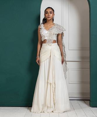 Romantic pearl embellished drape saree 1