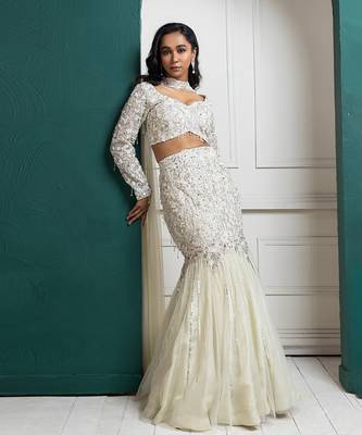 Ivory Organza Glitter Embroidered Mermaid Lehenga Choli Set 1
