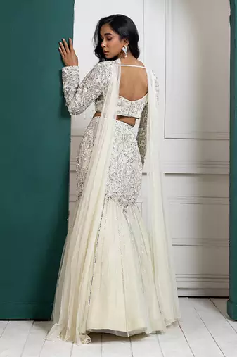 Ivory Organza Glitter Embroidered Mermaid Lehenga Choli Set