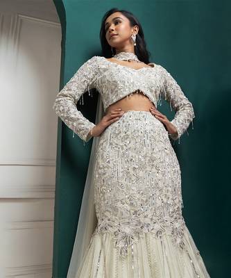 Ivory Organza Glitter Embroidered Mermaid Lehenga Choli Set 3