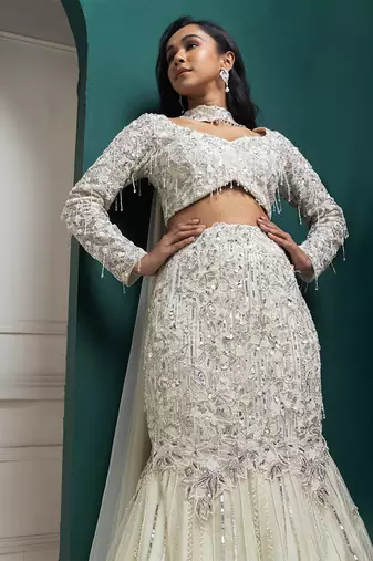 Ivory Organza Glitter Embroidered Mermaid Lehenga Choli Set