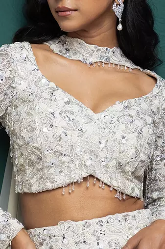 Ivory Organza Glitter Embroidered Mermaid Lehenga Choli Set