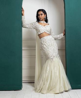 Ivory Organza Glitter Embroidered Mermaid Lehenga Choli Set 5