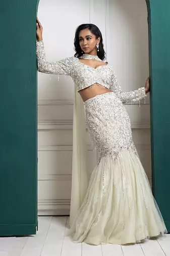 Ivory Organza Glitter Embroidered Mermaid Lehenga Choli Set